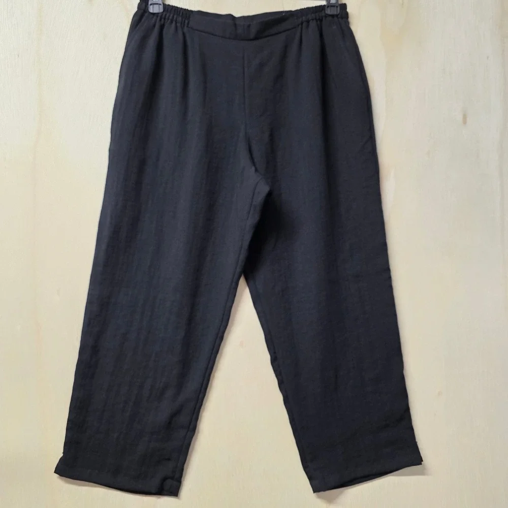 Fridaze Black 100% Linen Straight‎ Leg Elastic Waist Crop Pants Large Hong Kong